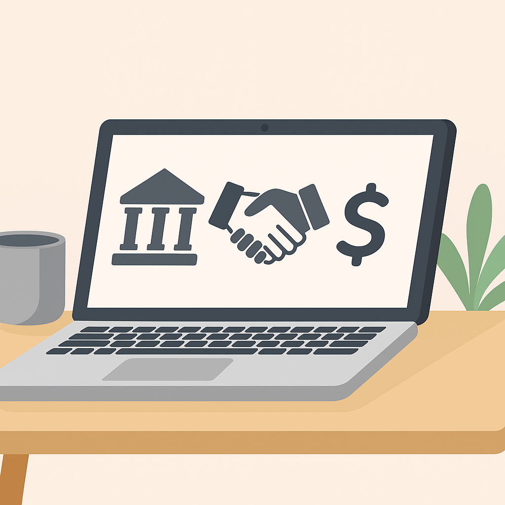 贷款课程宣传图：含笔记本电脑、房子图标、中文课程优势说明